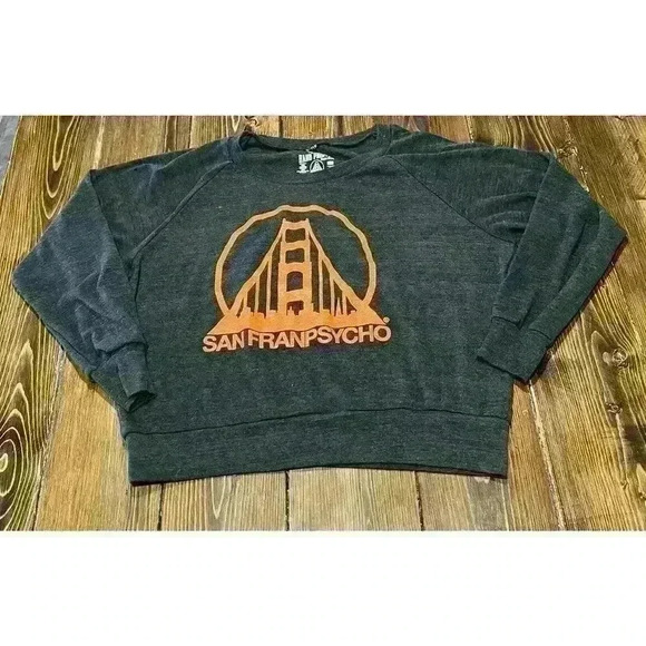 Womens Sanfranpsycho Hand Printed Long Sleeve Cropped Top Sz Small Gray - Picture 4 of 7